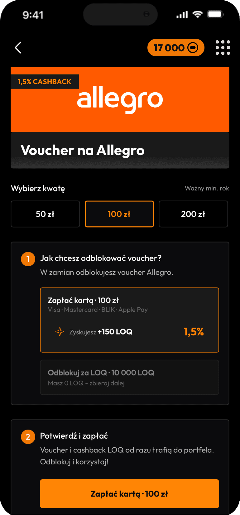 Ekran UNLOQ z krokami odbioru nagrody